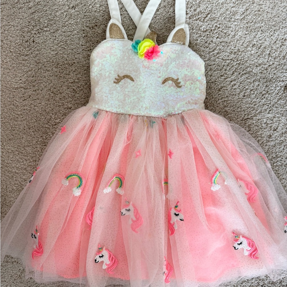 Zunie Glittery Unicorn Sequin Dress in White and Pink